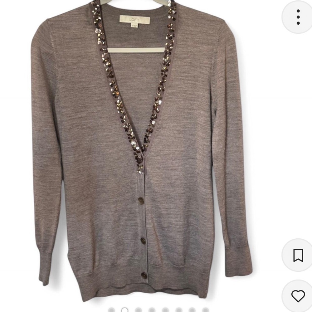 LOFT Gray Sequin Trim Cardigan Sweater